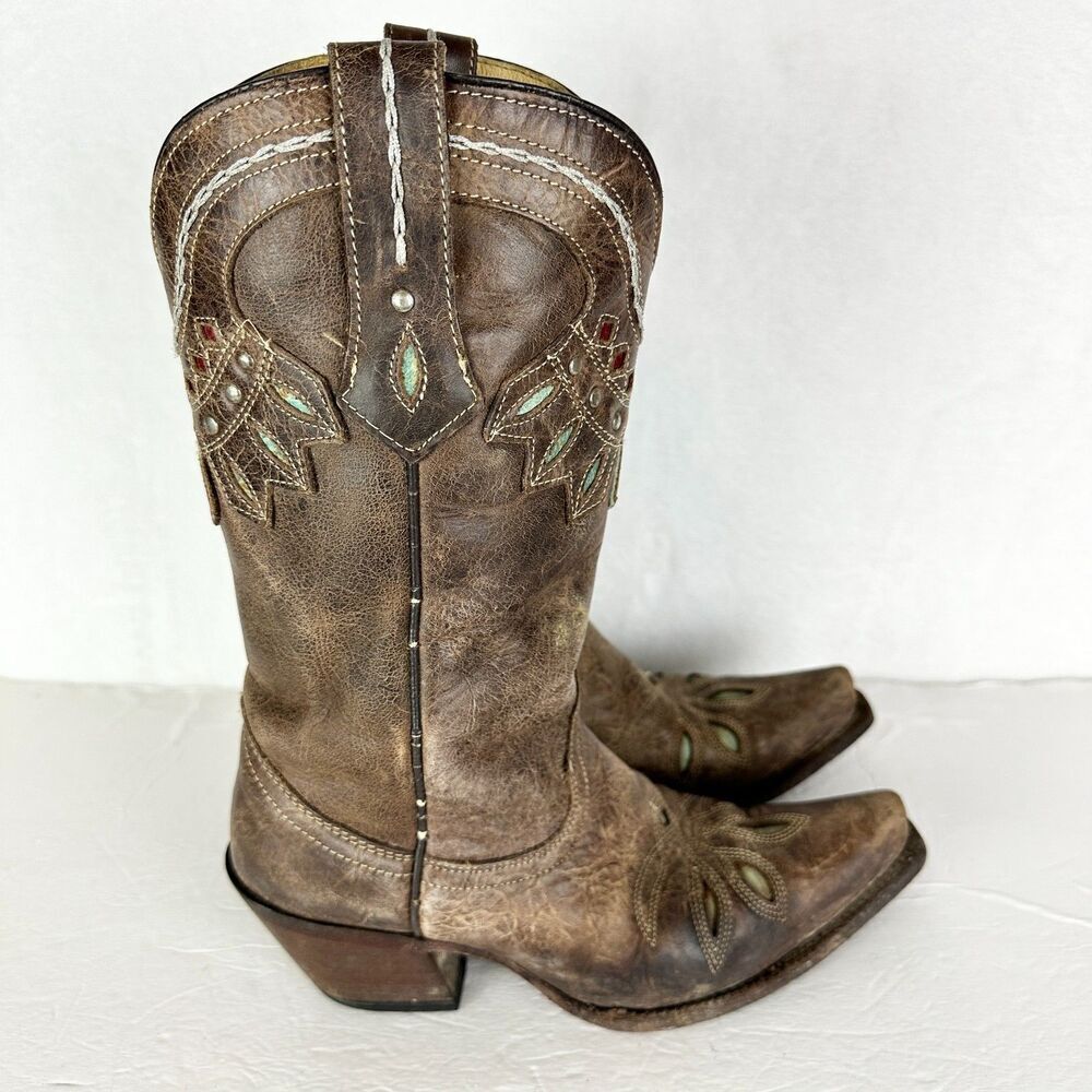 Tony Lama Women's Vaquero Rancho Inlay Snip Toe Western Boot Size 6.5 Chocolate - Picture 2 of 11